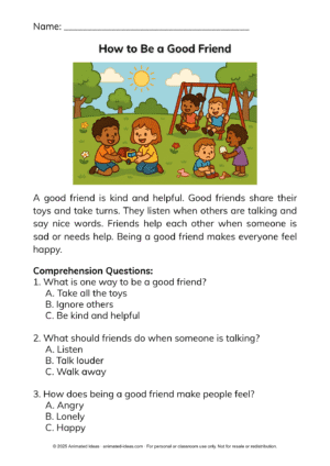 Short Reading Passages for Kids – How to Be a Good Friend illustration