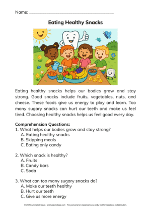 Short Reading Passages for Kids – Eating Healthy Snacks illustration