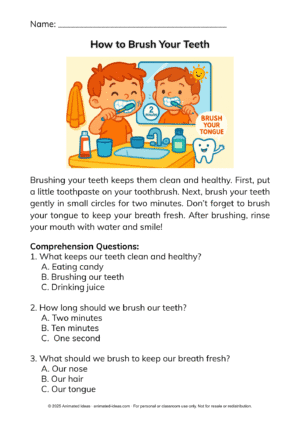 Short Reading Passages for Kids – How to Brush Your Teeth illustration