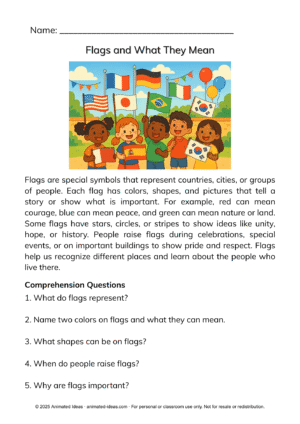 Illustration for “Flags and What They Mean” reading passage with children holding colorful flags.