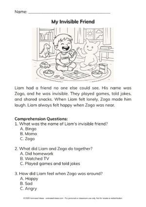 Imaginative Reading Passages for Kids - A boy laughing with his invisible friend