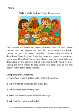 Illustration for “What Kids Eat in Other Countries” reading passage showing children eating different foods.