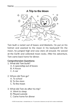 Imaginative Reading Passages for Kids - Cardboard rocket flying to the moon