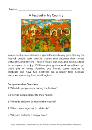 Illustration for “A Festival in My Country” reading passage with kids celebrating a festival.