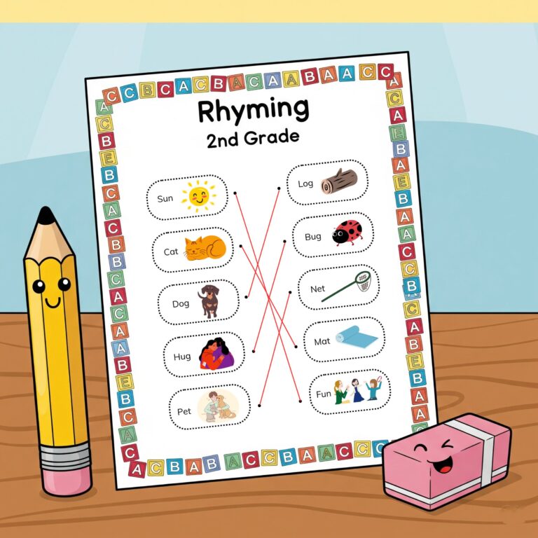Cartoon-style 2nd grade child at a desk with a printable rhyming worksheet showing words like ‘cat’ and ‘hat,’ with cheerful pencil and eraser, pastel background.