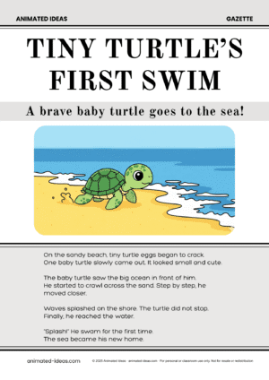 Gazette for Kids – Tiny Turtle’s First Swim cartoon illustration of a baby turtle crawling to the ocean
