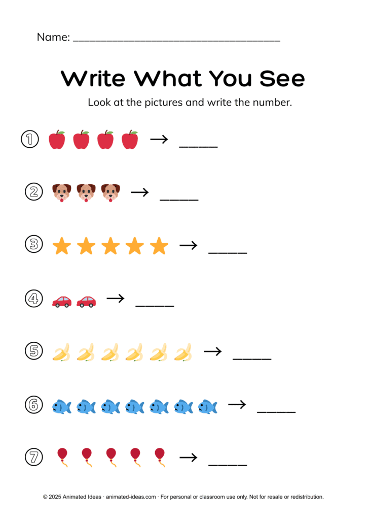 Count fun pictures like apples, cars, and stars, then write the number.