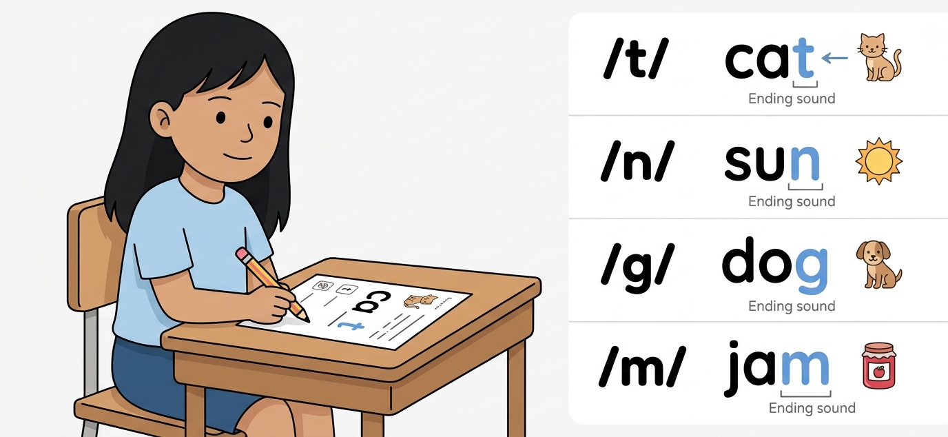 Ending Sound Worksheets for Grade 1 – Free printable phonics worksheets and activities to help kids practice word endings and improve reading skills.