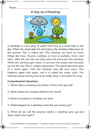 Kids reading comprehension – passage about the water cycle and a raindrop’s journey