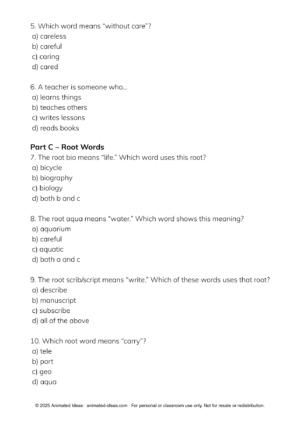 Root Words, Prefixes, and Suffixes worksheets for Grade 4 with multiple-choice questions