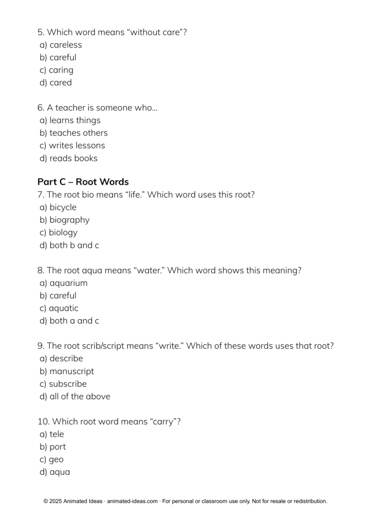 Root Words, Prefixes, and Suffixes worksheets for Grade 4 with multiple-choice questions