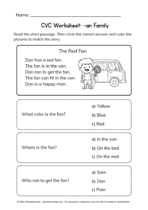CVC Reading Practice Worksheets – (-an, -en, -in, -on, -un)