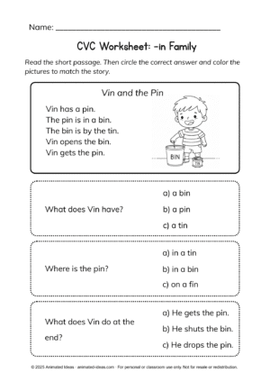 CVC Reading Practice Worksheets – (-an, -en, -in, -on, -un) - Image 3