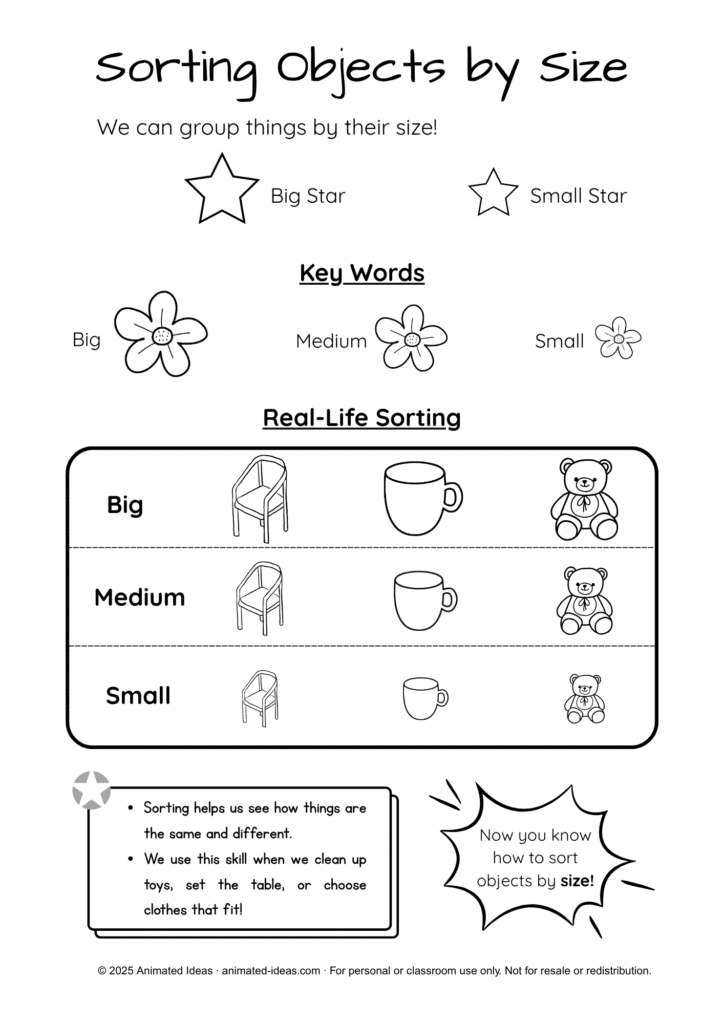 Sorting Objects by Size Handout for Preschool – Big, Medium, Small circles (black and white)