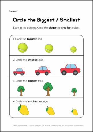 Sorting by Size Worksheets – Circle the biggest and smallest objects