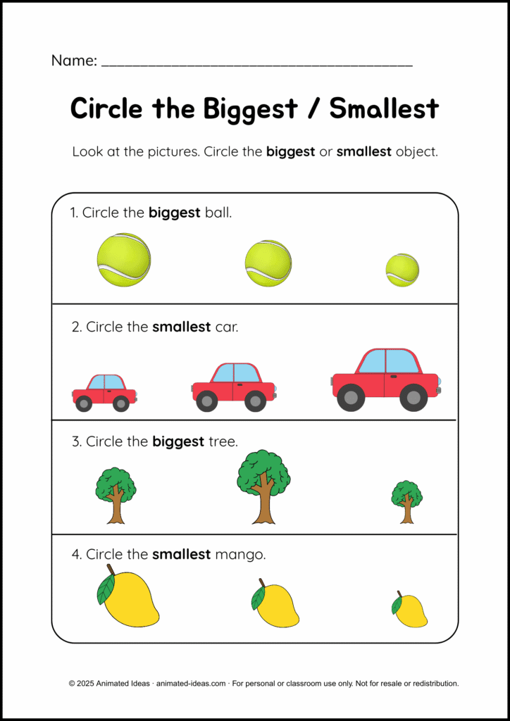 Sorting by Size Worksheets – Circle the biggest and smallest objects