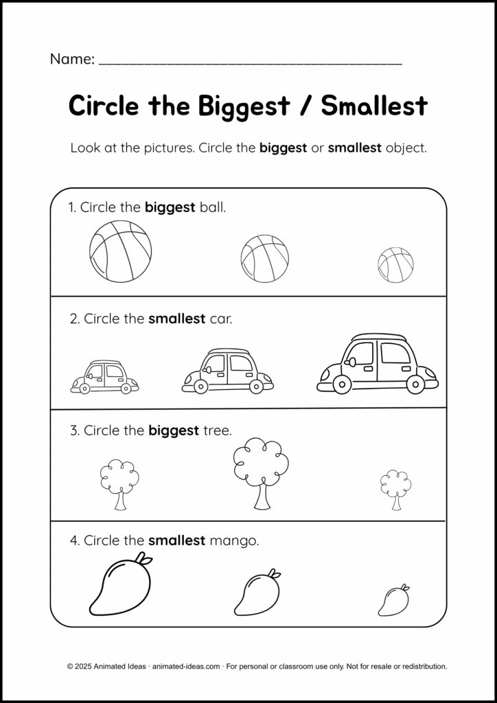 Sorting by Size Worksheets – Circle the biggest and smallest objects (black and white)