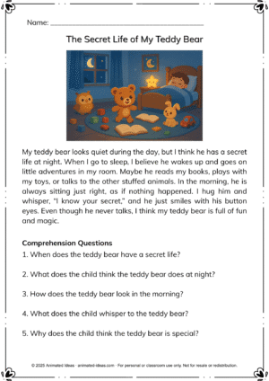 Kids reading comprehension – story about a teddy bear’s secret adventures at night
