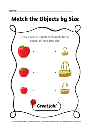 Sorting by Size Worksheets – Match apples to baskets by size