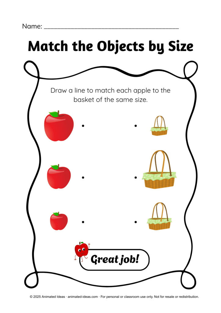 Sorting by Size Worksheets – Match apples to baskets by size