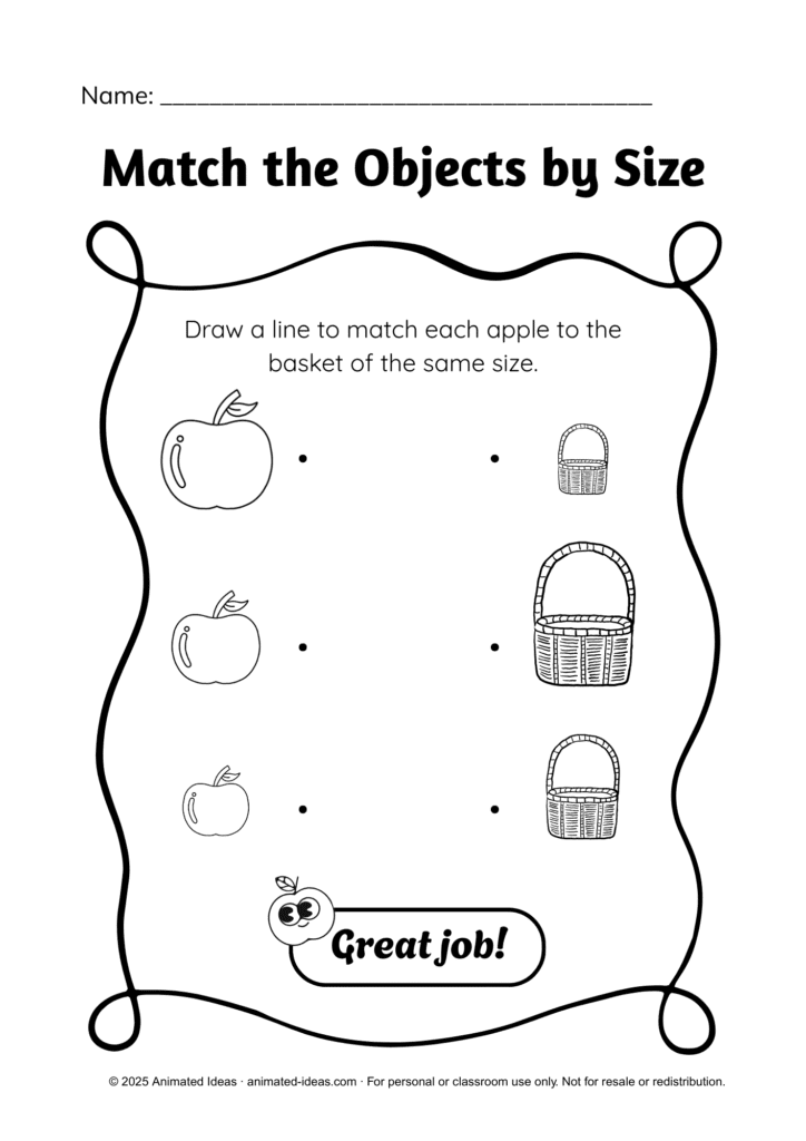 Sorting by Size Worksheets – Match apples to baskets by size (black and white)