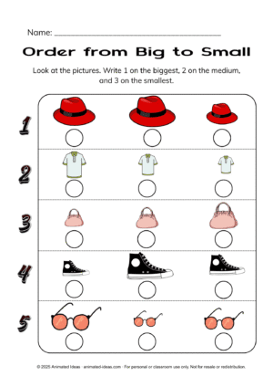 Sorting by Size Worksheets – Order objects from big to small
