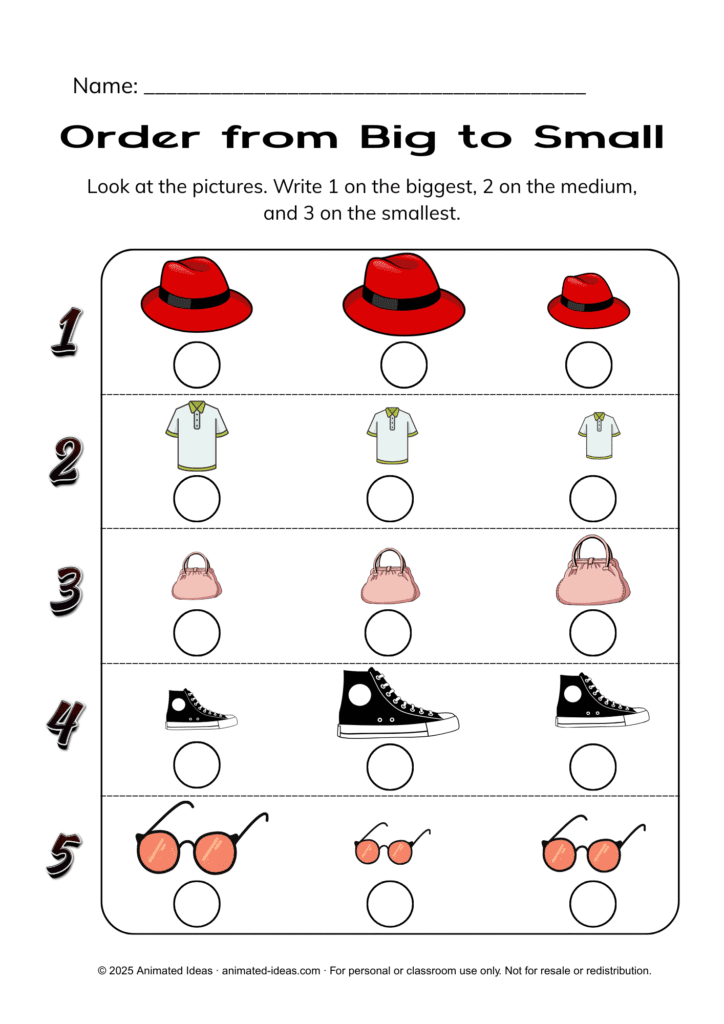 Sorting by Size Worksheets – Order objects from big to small