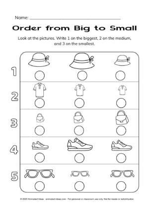 Sorting by Size Worksheets – Order objects from big to small (black and white)