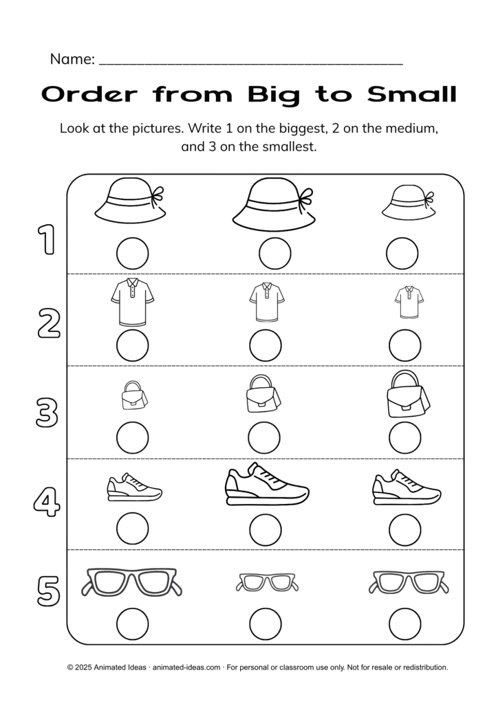 Sorting by Size Worksheets – Order objects from big to small (black and white)