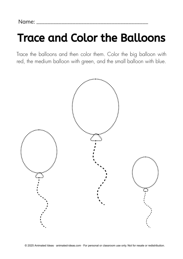 Sorting by Size Worksheets – Trace and color balloons by size