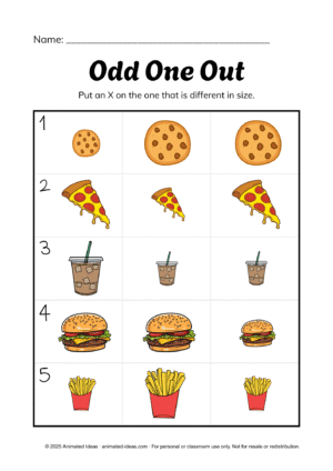 Sorting by Size Worksheets – Odd one out activity for preschool