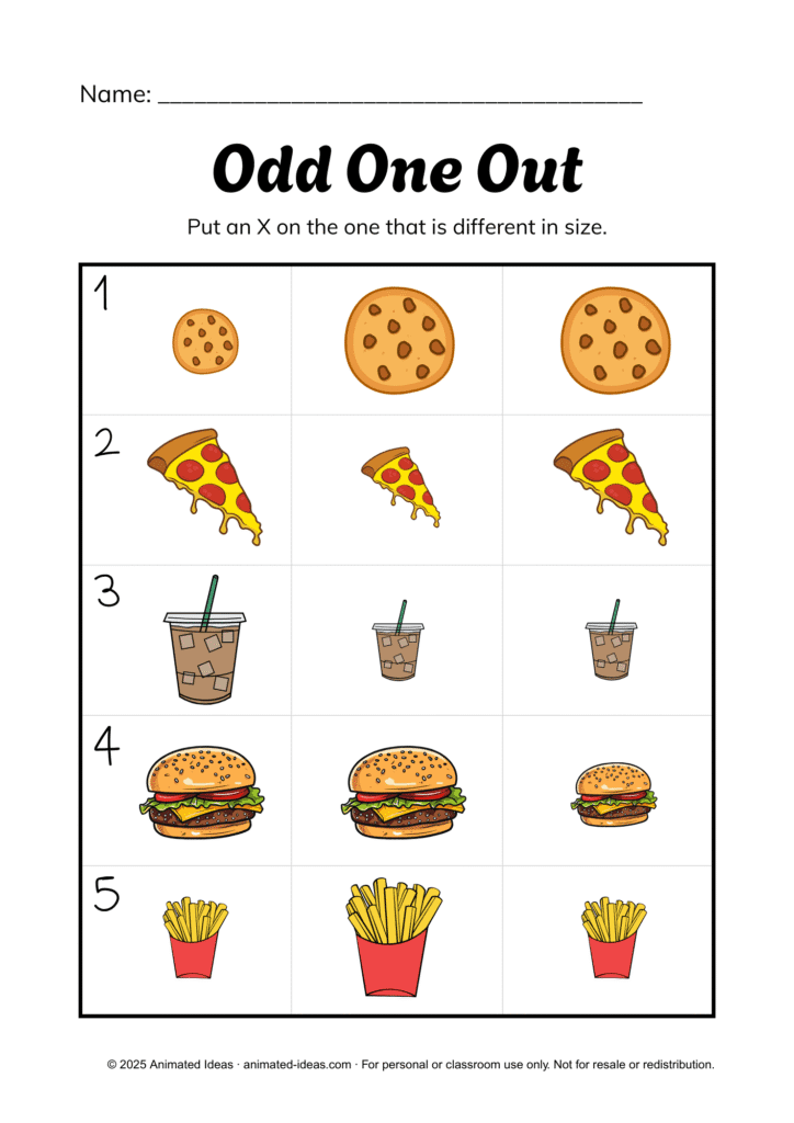Sorting by Size Worksheets – Odd one out activity for preschool