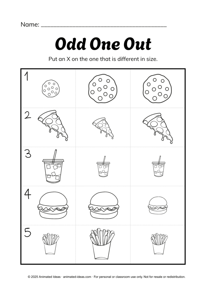 Sorting by Size Worksheets – Odd one out activity for preschool (black and white)