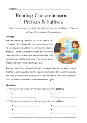 Root Words, Prefixes, and Suffixes worksheets with reading comprehension practice