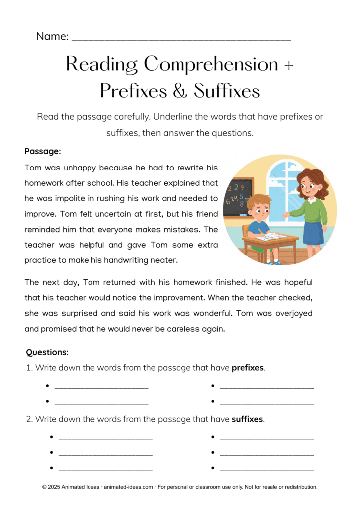 Root Words, Prefixes, and Suffixes worksheets with reading comprehension practice