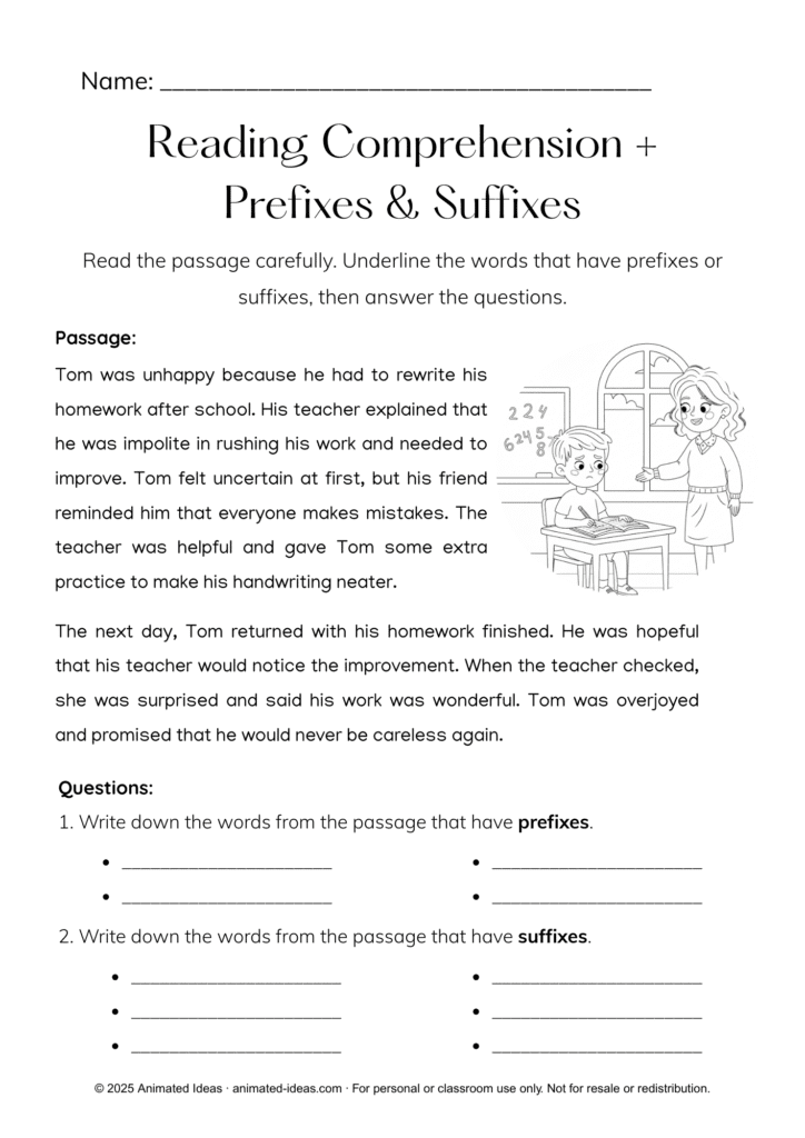 Root Words, Prefixes, and Suffixes worksheets with reading comprehension practice (black and white)