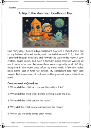 Kids reading comprehension – imaginative story of a child traveling to the moon in a box