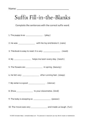 Root Words, Prefixes, and Suffixes worksheets for Grade 4 with suffix fill-in-the-blank activity