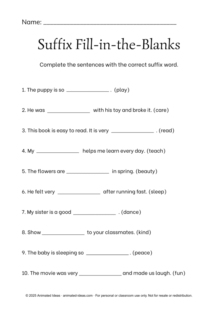 Root Words, Prefixes, and Suffixes worksheets for Grade 4 with suffix fill-in-the-blank activity