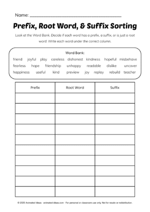 Root Words, Prefixes, and Suffixes worksheets for Grade 4 with sorting activity