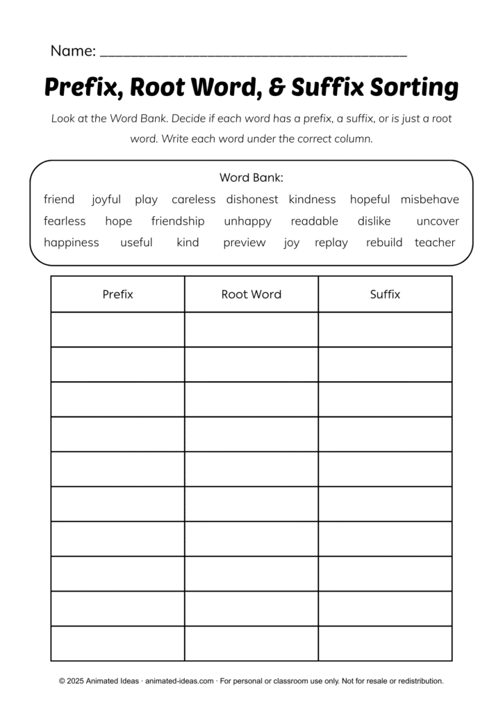 Root Words, Prefixes, and Suffixes worksheets for Grade 4 with sorting activity