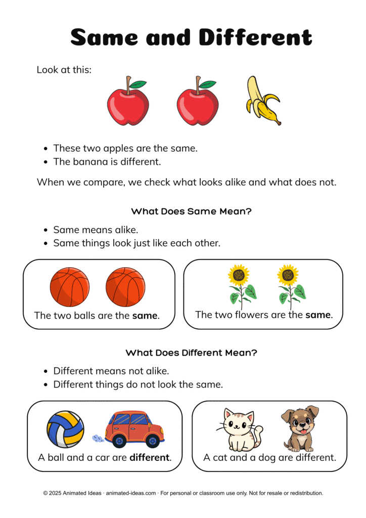 Printable Same and Different Handout for preschool learning