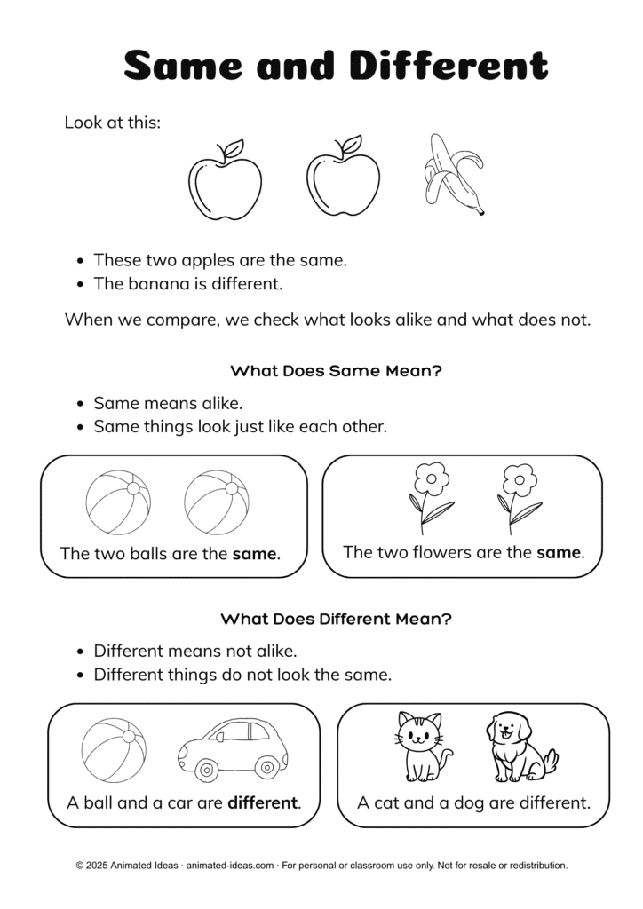 Same and Different Handout for Kindergarten