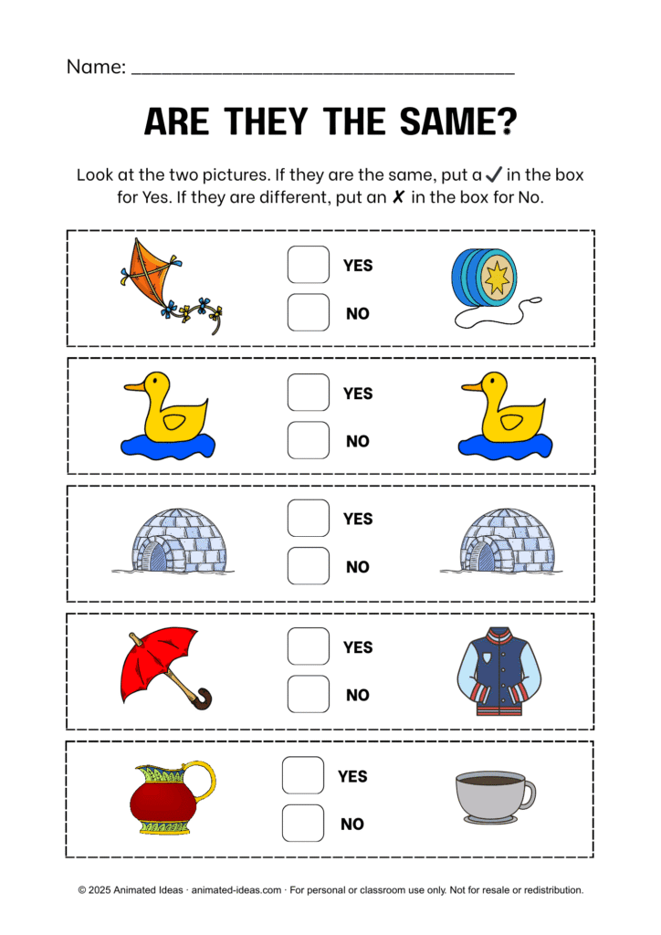 Same and Different Worksheets for Kindergarten – Are They the Same activity