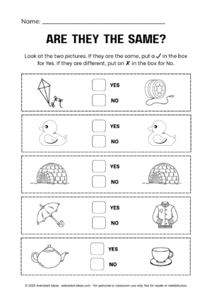 Same and Different Worksheets for Kindergarten (black and white)