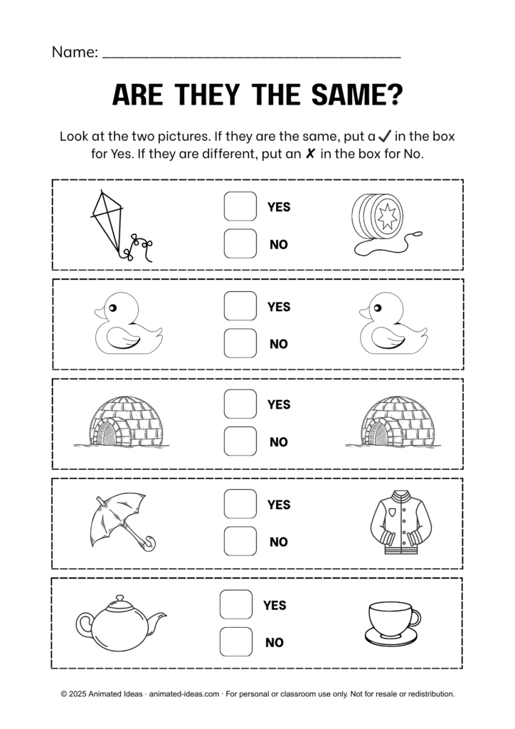 Same and Different Worksheets for Kindergarten (black and white)