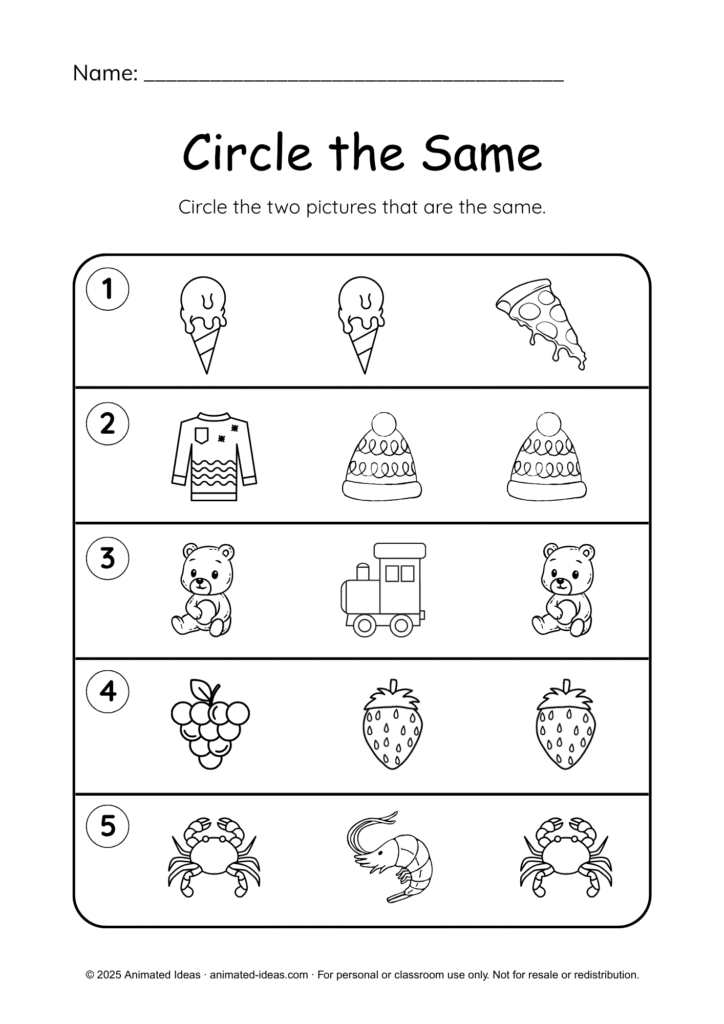 Printable Same and Different Worksheets for Kindergarten – Circle the Same (black and white)