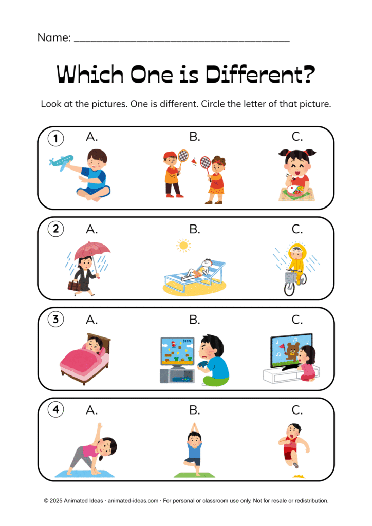 Same and Different Worksheets for Kindergarten – Which One is Different activity