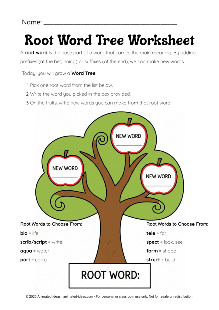 Root Words, Prefixes, and Suffixes worksheets for Grade 4 with word tree activity