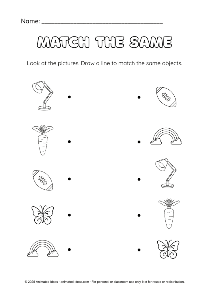 Kindergarten Same and Different Worksheets – Match the Same activity (black and white)